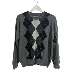 Van Heusen Argyle V Neck Sweater Mens L Gray Preppy Golf Classic Cotton